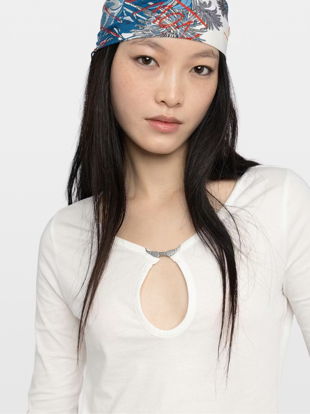 Zadig&Voltaire White Keyhole Long Sleeve Top with Silver Accent